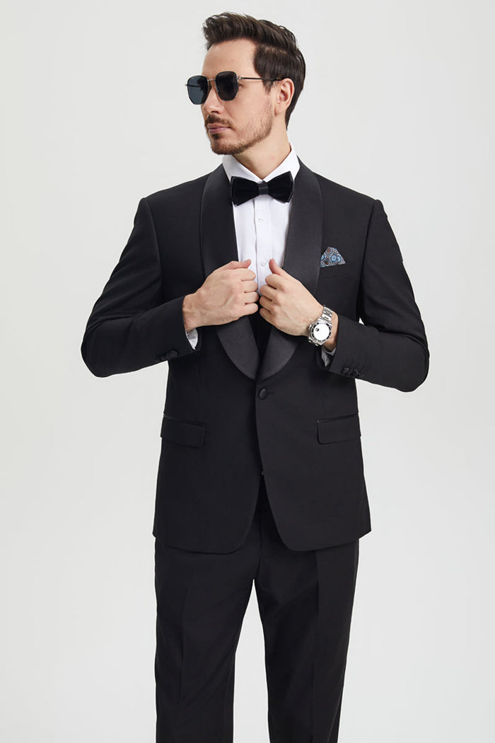 Men's Stacy Adams Vested One Button Shawl Lapel Designer Tuxedo in Black