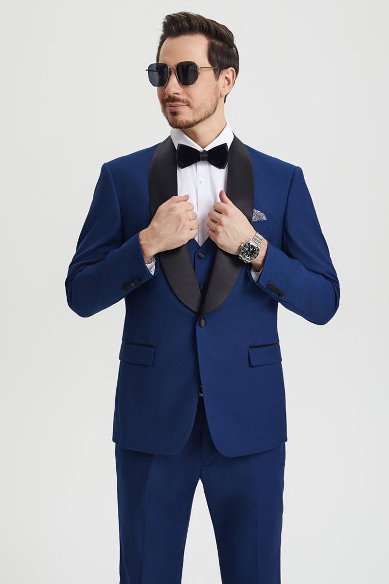 "Stacy Adams  Suit Men's Designer Tuxedo - Vested One Button Shawl Lapel in Indigo Blue"