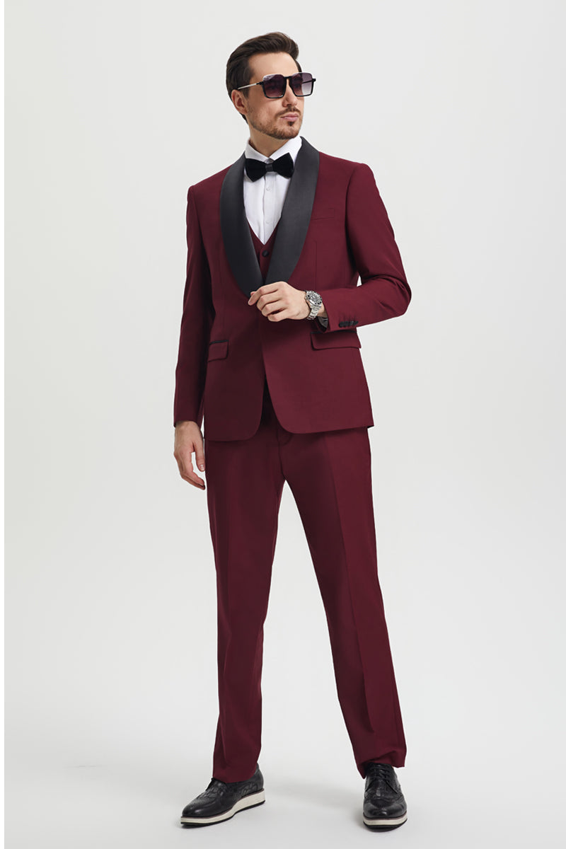 Men's Stacy Adams Vested One Button Shawl Lapel Designer Tuxedo in Burgundy - 34 Regular