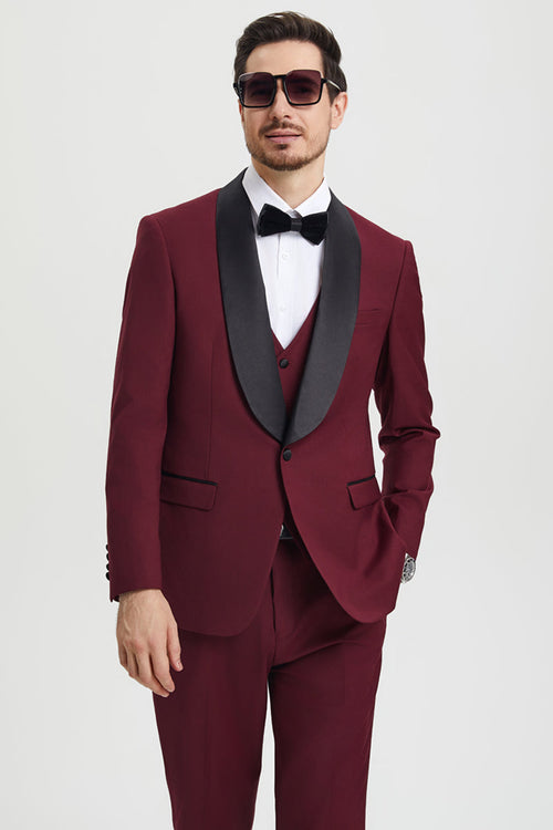 Men's Stacy Adams Vested One Button Shawl Lapel Designer Tuxedo in Burgundy