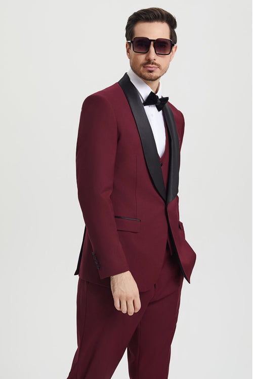 Men's Stacy Adams Vested One Button Shawl Lapel Designer Tuxedo in Burgundy