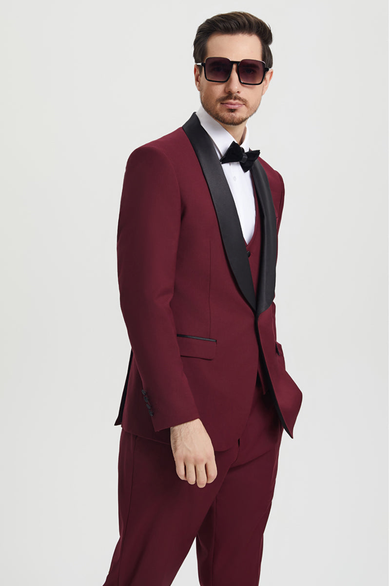 Men's Stacy Adams Vested One Button Shawl Lapel Designer Tuxedo in Burgundy - 34 Regular