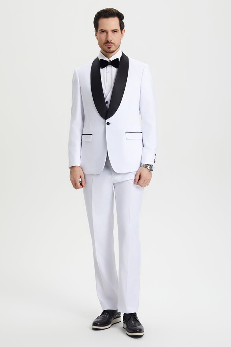 Men's Stacy Adams Vested One Button Shawl Lapel Designer Tuxedo in White - 34 Regular