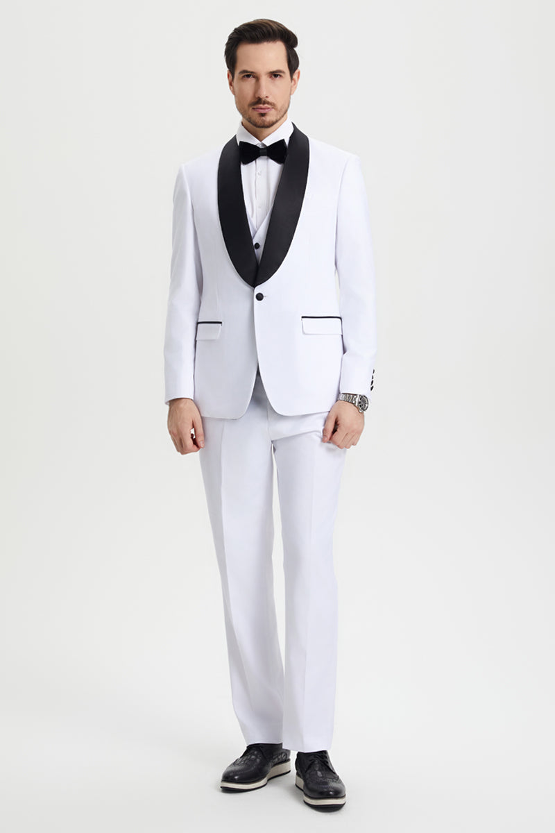 "Stacy Adams  Suit Men's Designer Tuxedo - Vested One Button Shawl Lapel in White"