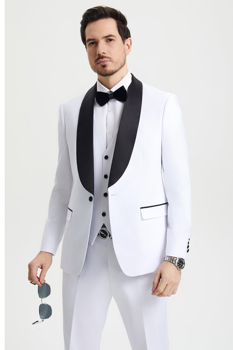 Men's Stacy Adams Vested One Button Shawl Lapel Designer Tuxedo in White - 34 Regular