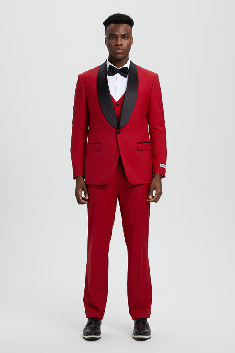 "Stacy Adams Suit Men's Designer Red Tuxedo with Vested One Button Shawl Lapel"