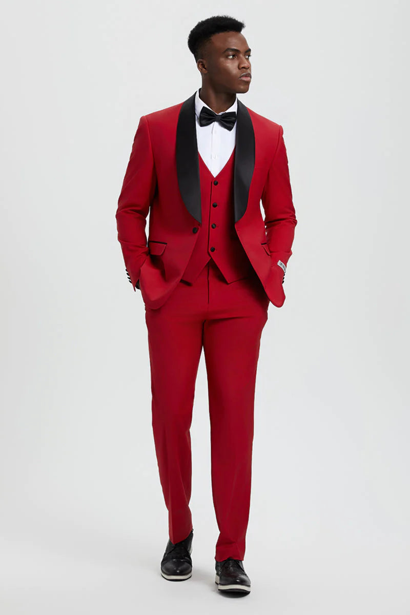 "STACY ADAMS MEN'S DESIGNER RED TUXEDO WITH VESTED ONE BUTTON SHAWL LAPEL"