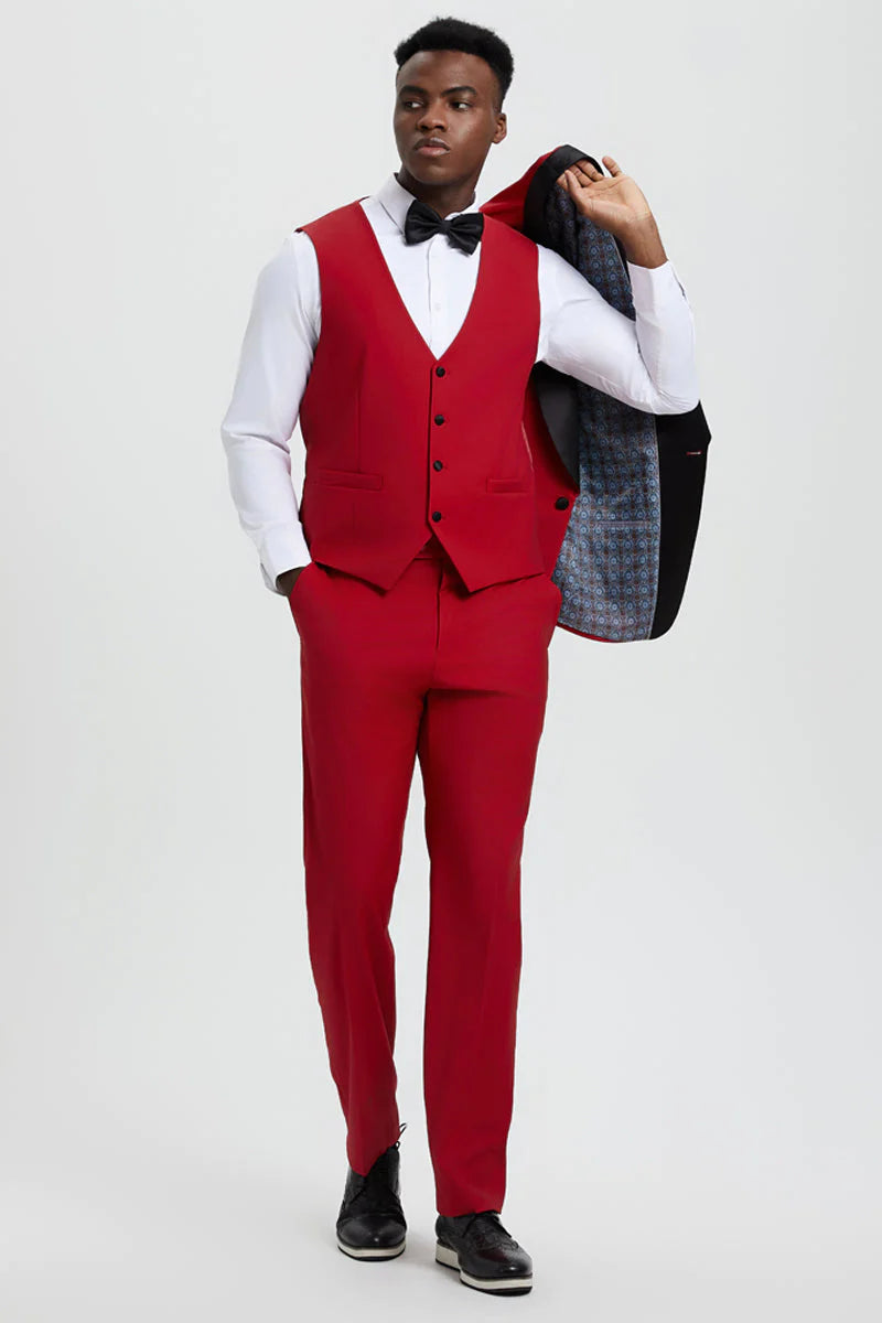 "STACY ADAMS MEN'S DESIGNER RED TUXEDO WITH VESTED ONE BUTTON SHAWL LAPEL"