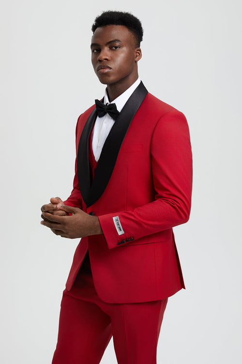 Men's Stacy Adams Vested One Button Shawl Lapel Designer Tuxedo in Red