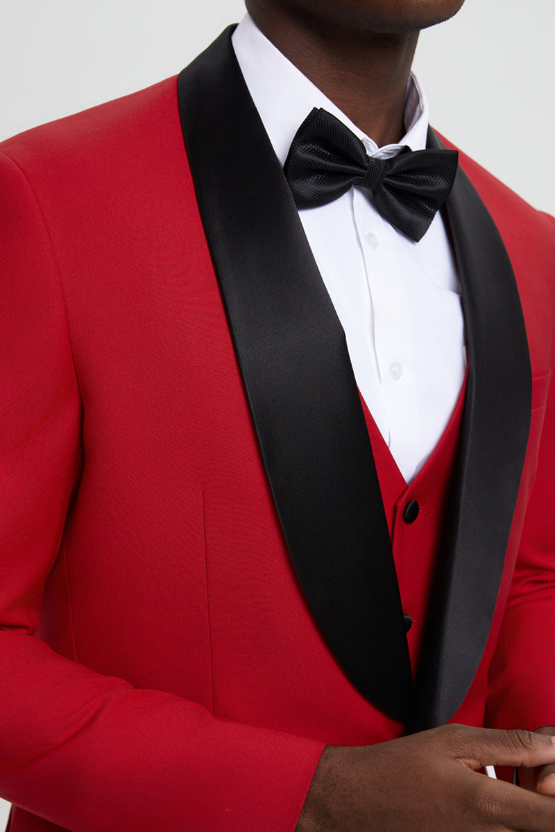 "Stacy Adams Suit Men's Designer Red Tuxedo with Vested One Button Shawl Lapel"