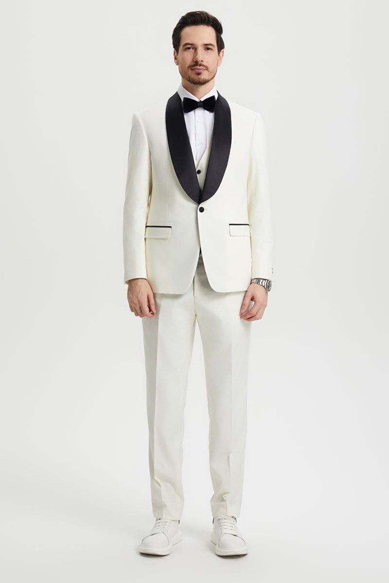 "Stacy Adams Suit Men's Designer Tuxedo - Ivory, Vested One Button Shawl Lapel"