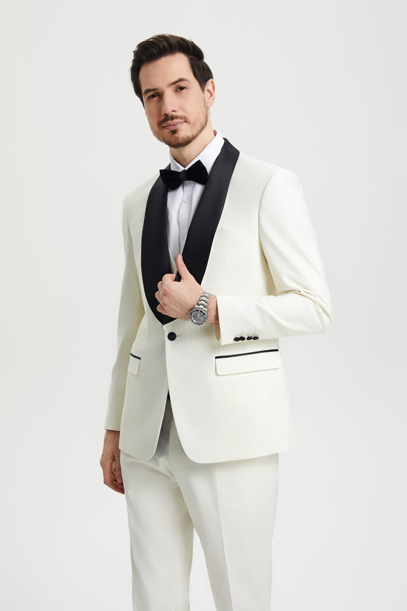 "Stacy Adams Suit Men's Designer Tuxedo - Ivory, Vested One Button Shawl Lapel"