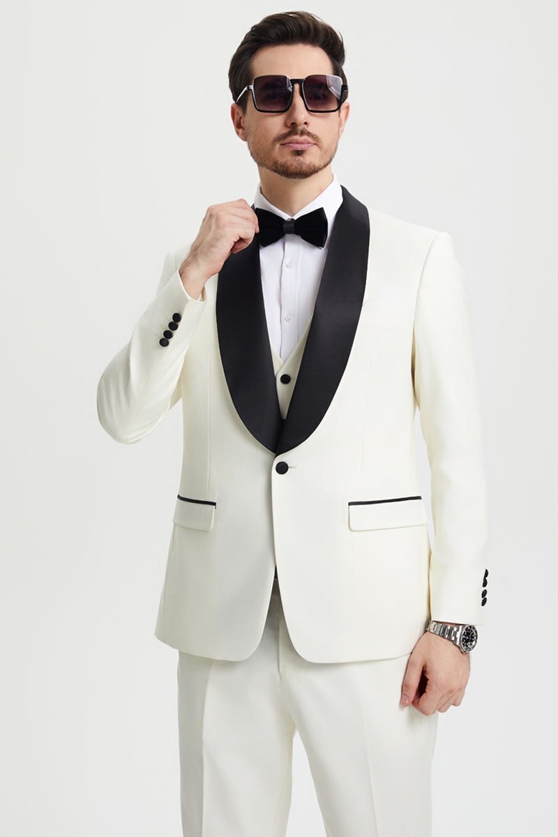 "Stacy Adams Suit Men's Designer Tuxedo - Ivory, Vested One Button Shawl Lapel"