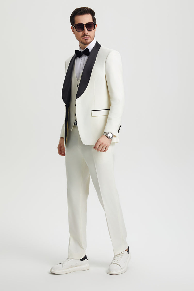 "Stacy Adams Suit Men's Designer Tuxedo - Ivory, Vested One Button Shawl Lapel"