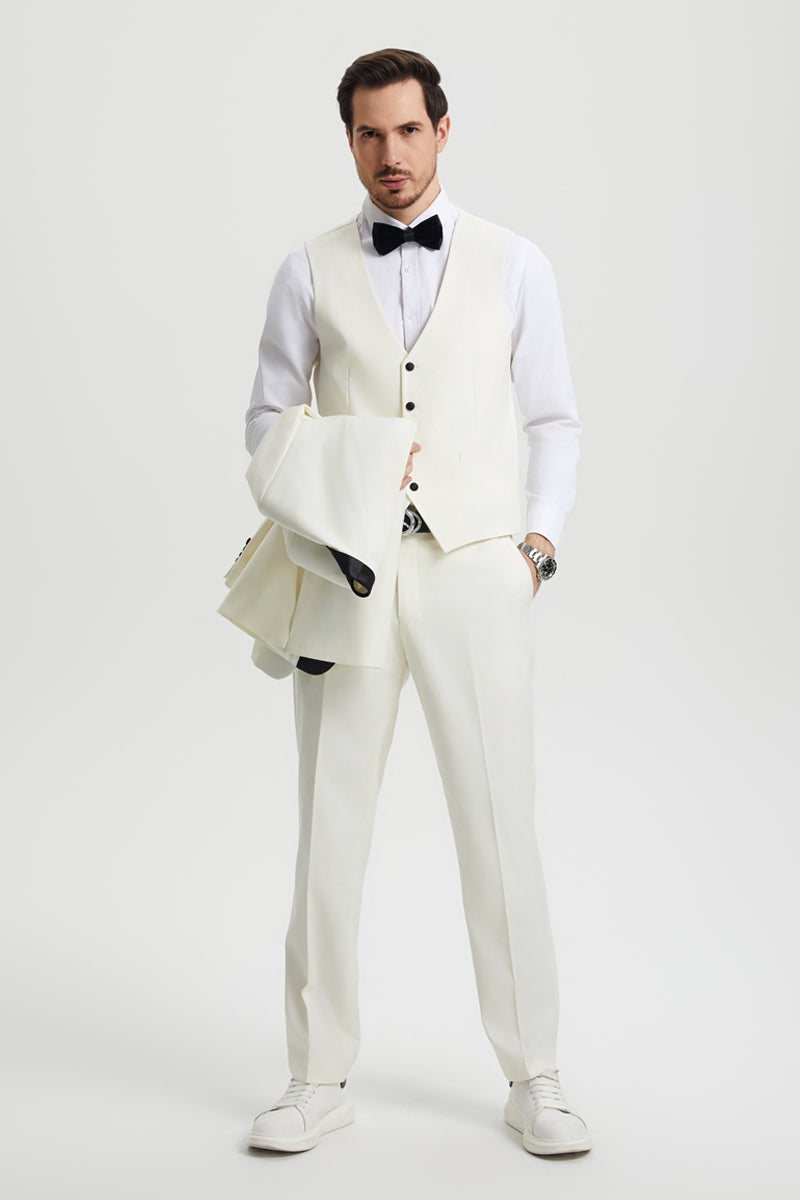"Stacy Adams Suit Men's Designer Tuxedo - Ivory, Vested One Button Shawl Lapel"
