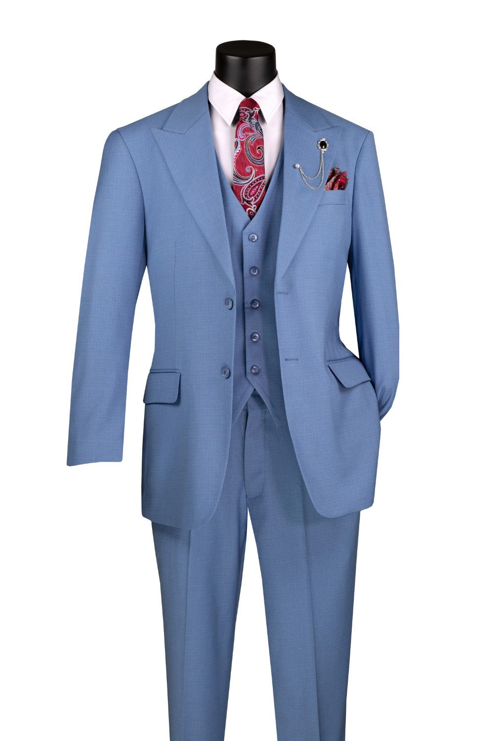 Dusty Blue Regular Fit 3 Piece Suit with Vest and Adjustable Waist Band Pants - Dust Blue