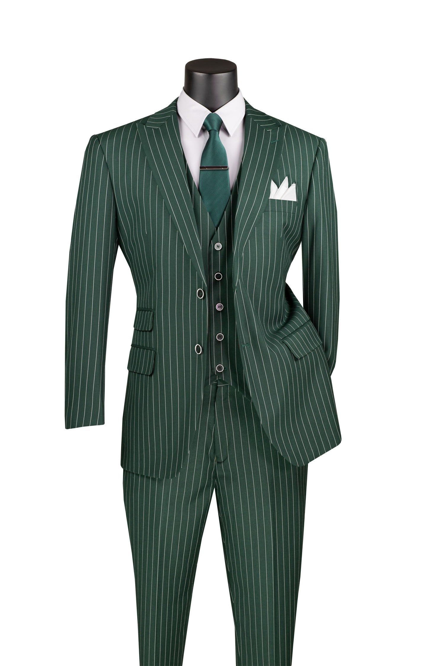 Odyssey Collection - Hunter Green Regular Fit 3 Piece Suit 2 Button Gangster Stripe - Hunter Green
