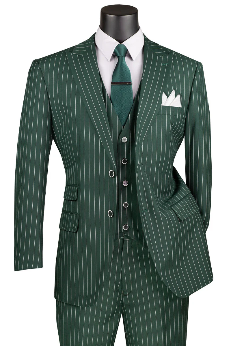 Men’s Hunter Green Pinstripe 1920s Gangster 3 Piece Suit, Great Gatsby Formal Outfit for Weddings, Prom, Parties, and Theme Events