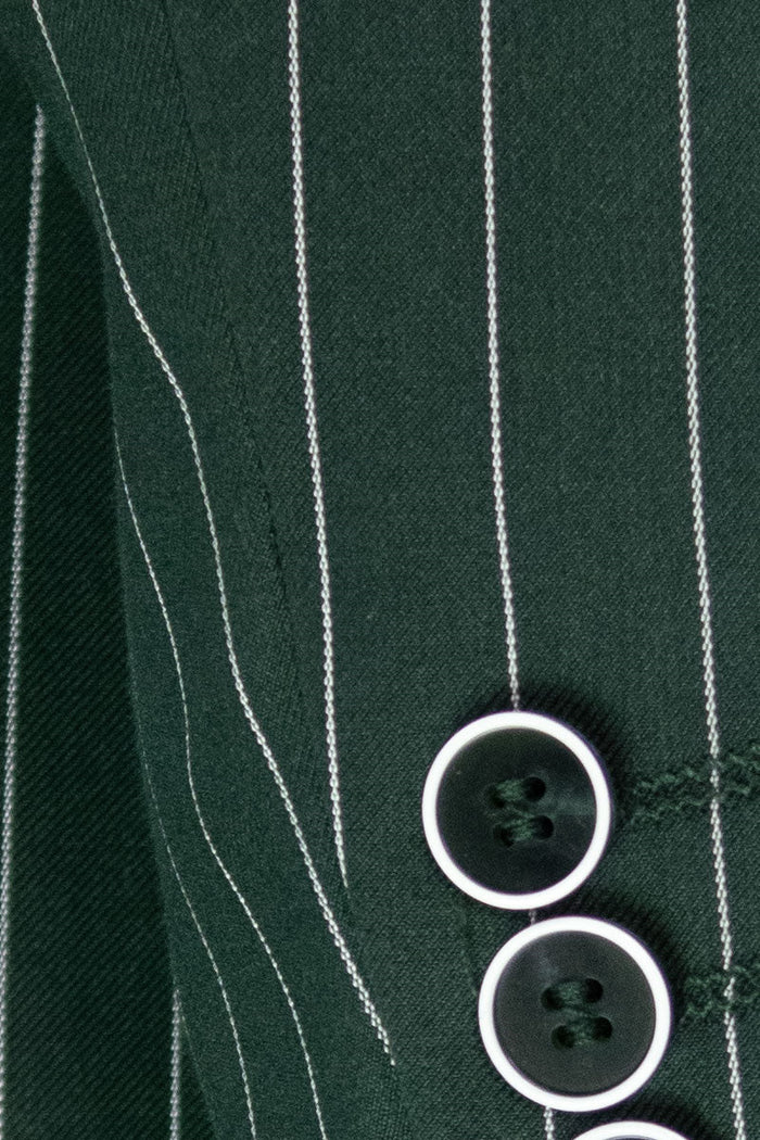 Men’s Hunter Green Pinstripe 1920s Gangster 3 Piece Suit, Great Gatsby Formal Outfit for Weddings, Prom, Parties, and Theme Events