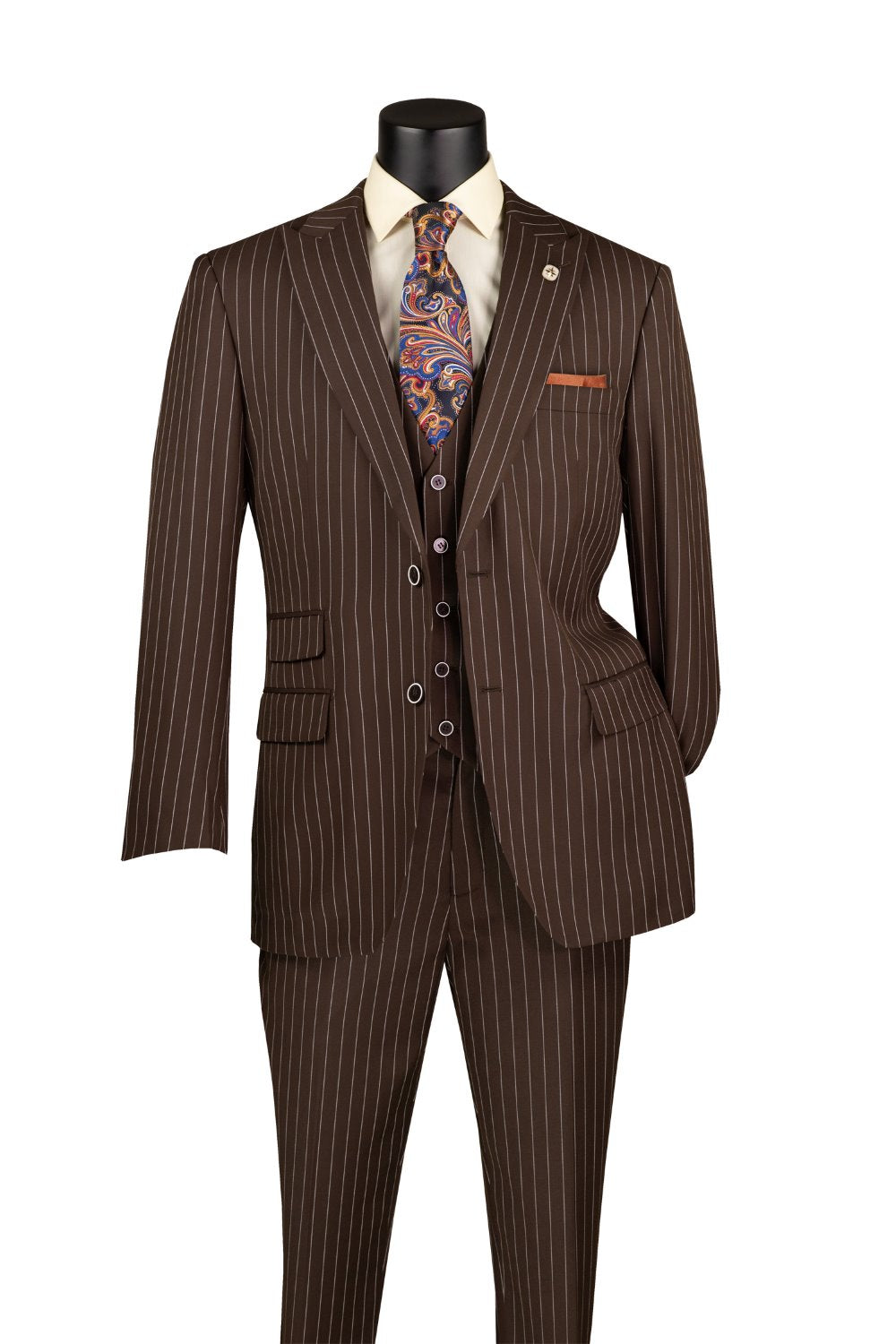 Odyssey Collection - Brown Regular Fit 3 Piece Suit 2 Button Gangster Stripe - Brown