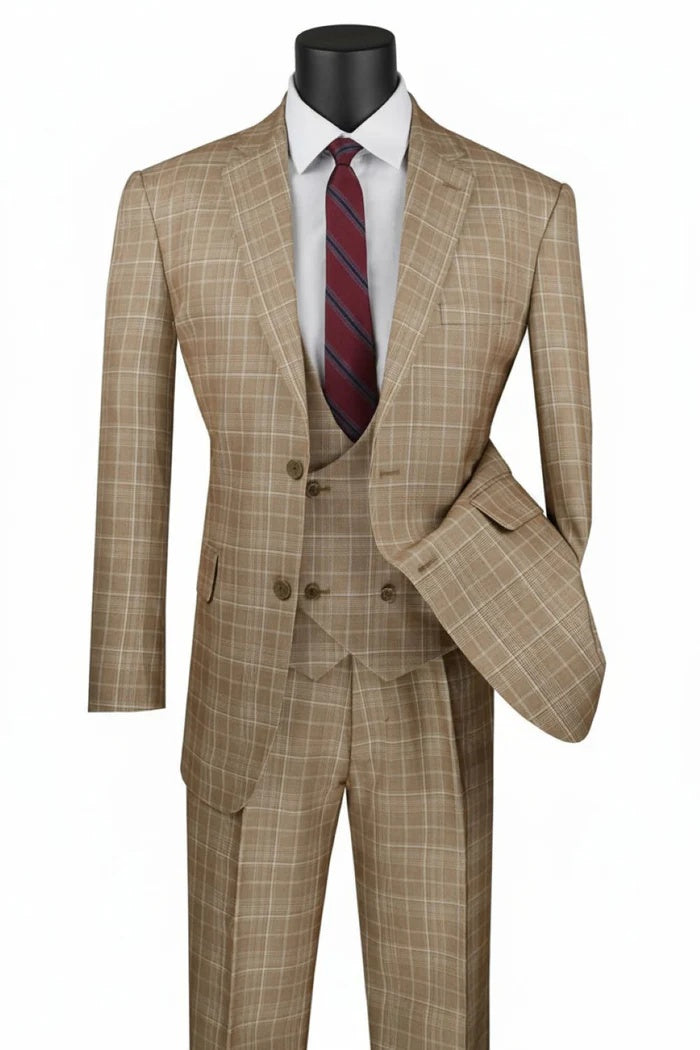Mens Glen Plaid 3-Piece Suit Classic Regular Fit Design