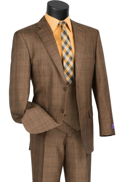 Mens Glen Plaid 3-Piece Suit Classic Regular Fit Design