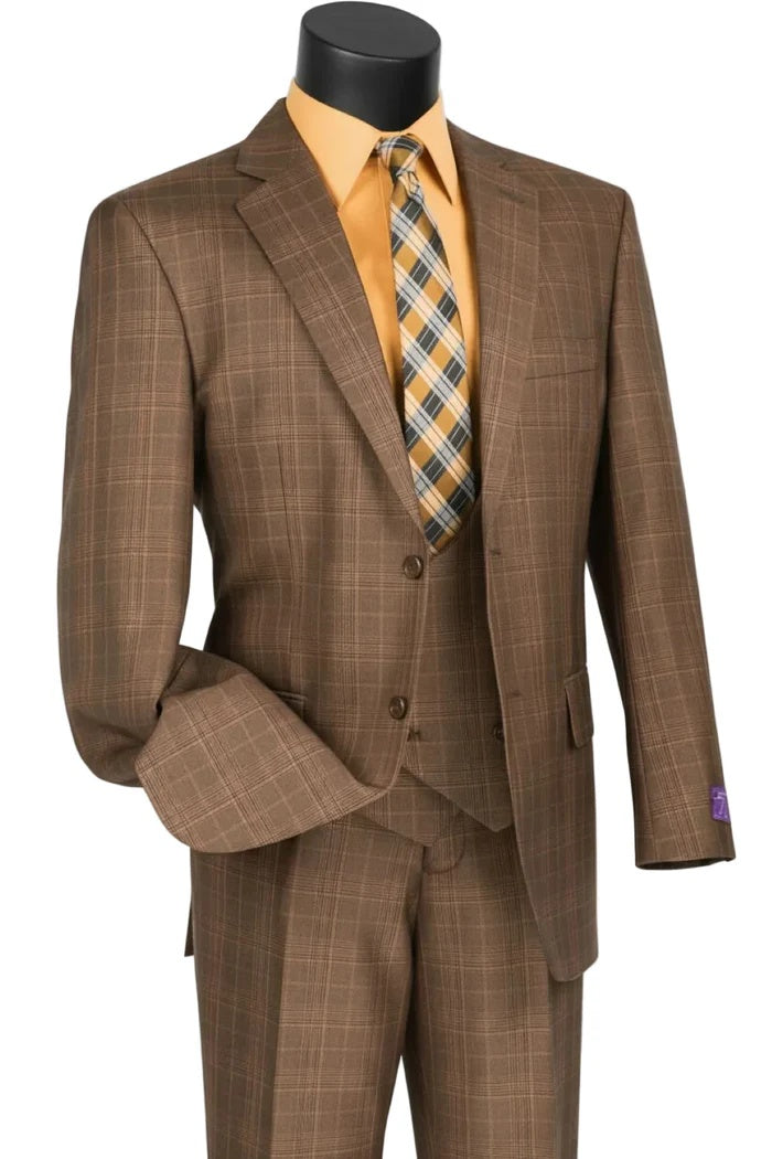 Mens Glen Plaid 3-Piece Suit Classic Regular Fit Design