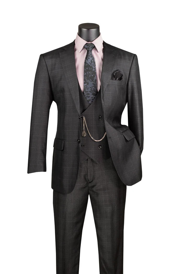 Mens Glen Plaid 3-Piece Suit – Classic Regular Fit Design - 34 Short or Extra Small