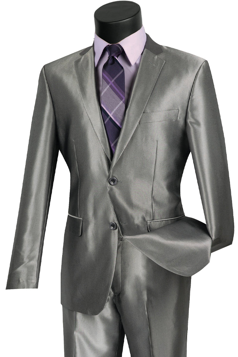 Mens 2 Button Slim Fit Shiny Sharkskin Suit in Grey - 36 Short