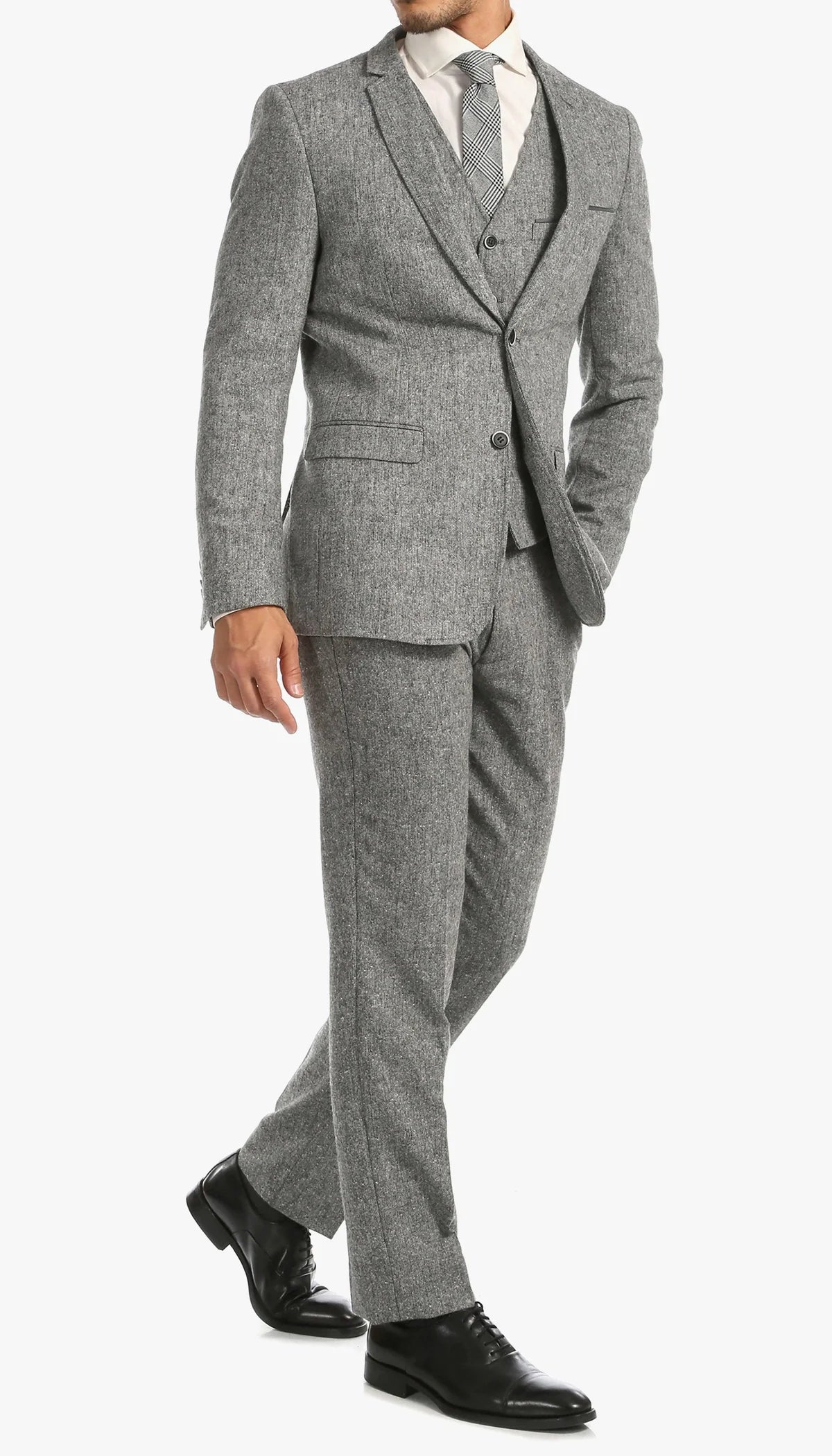 Men’s Grey Tweed Three Piece Suit – Vintage British Fabric Slim Fit Wedding & Business Wear - 36 Short