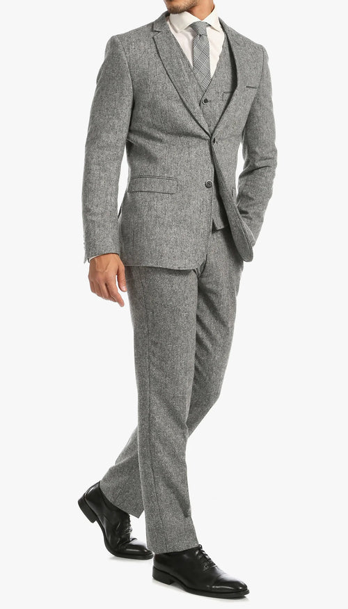 Mens Grey Tweed Three Piece Suit Vintage British Fabric Slim Fit Wedding & Business Wear