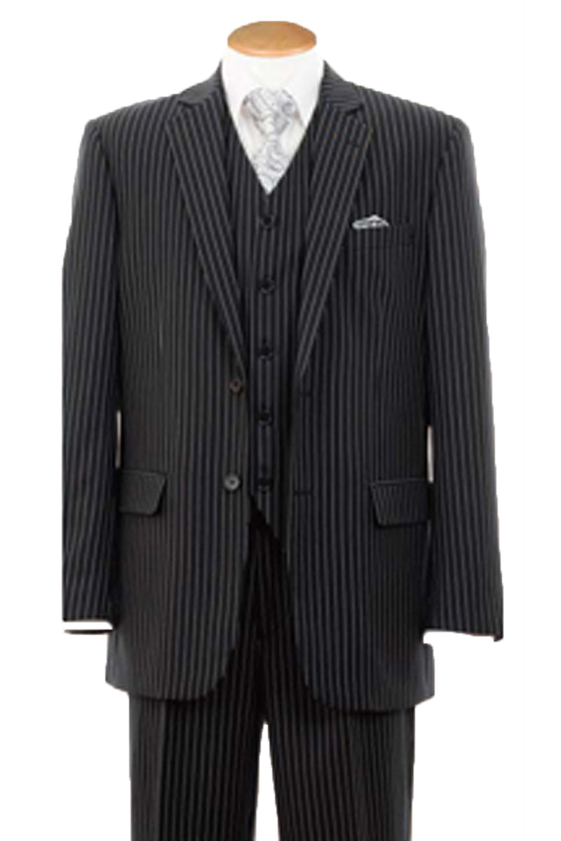 "Bold Pinstripe Gangster Suit - Men's 2-Button Vested in Black" - 38 Long