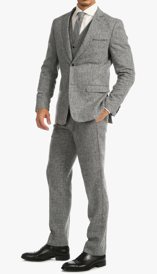 Mens Grey Tweed Three Piece Suit Vintage British Fabric Slim Fit Wedding & Business Wear