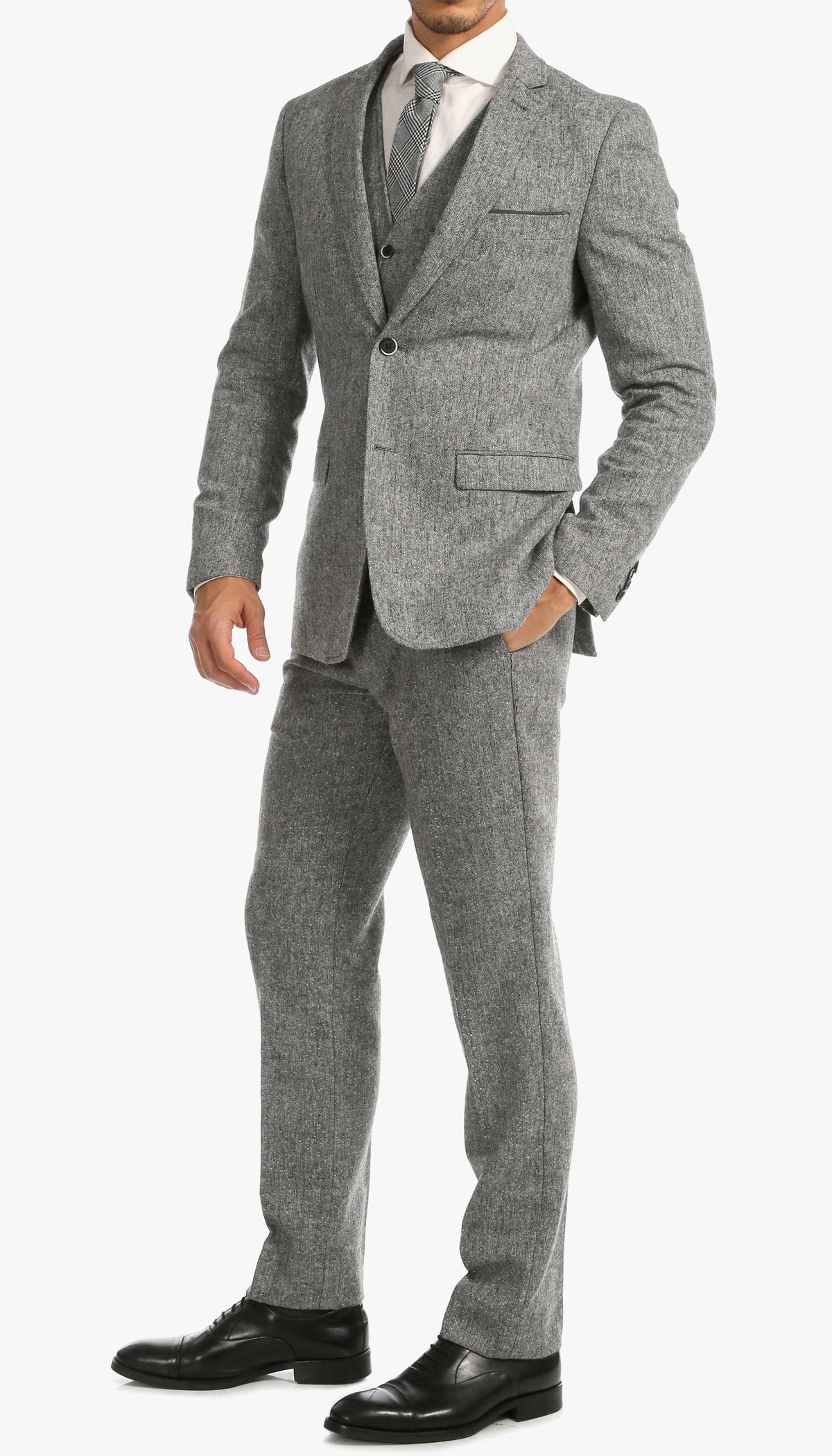 Men’s Grey Tweed Three Piece Suit – Vintage British Fabric Slim Fit Wedding & Business Wear - 36 Short