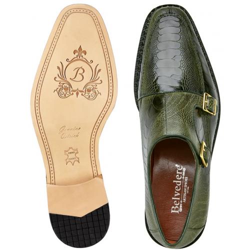 Belvedere Valiente Antique Forest Green Genuine Ostrich Leg Double Monk Strap Shoes - 6