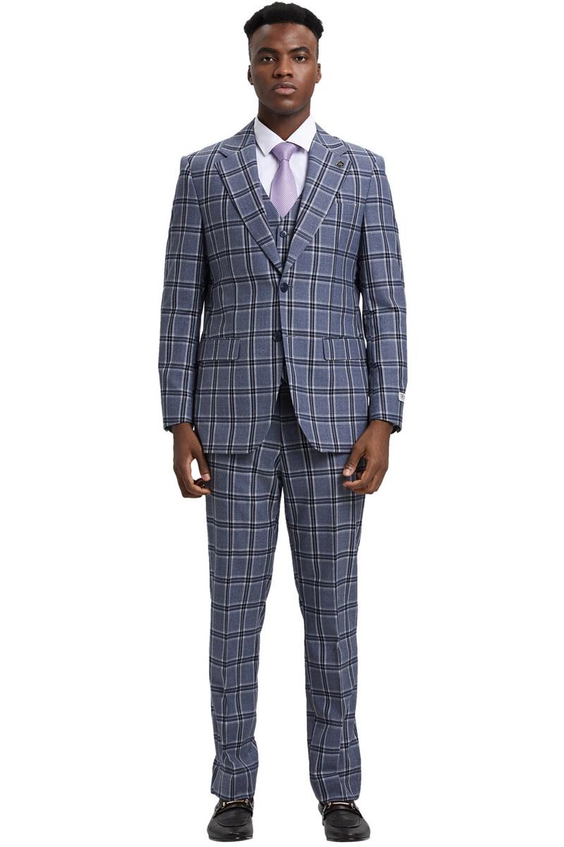 Men's Stacy Adams Two Button Vested Glen Plaid Check Suit in Grey - 38 Regular