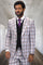 Men's Designer One Button Peak Lapel Vested Wool Suit in Grey & Tan Glen Plaid