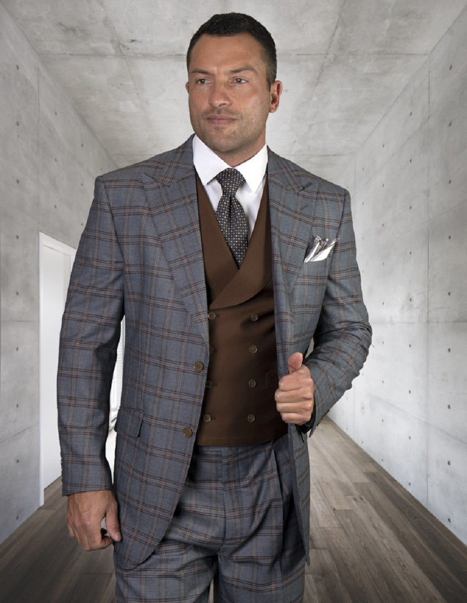 Mens 2 Button Classic Fit Wide Peak Lapel Vested Suit in Burgundy Windowpane - 34 Short