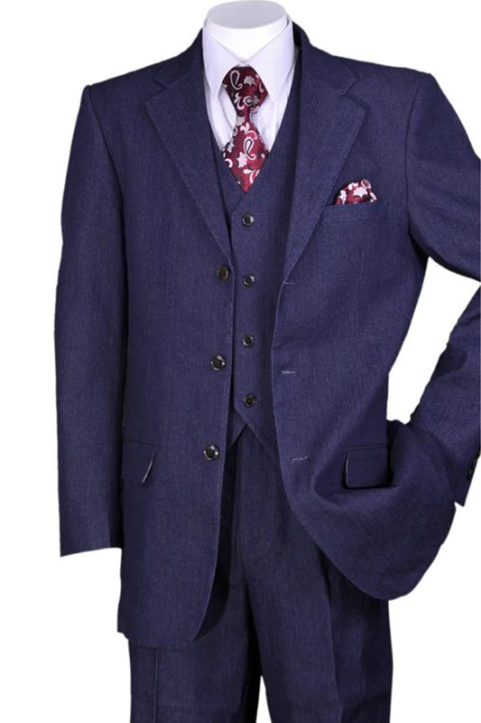 "Men's Navy Blue Denim 3-Button Vested Suit - Stylish Jeans Attire"