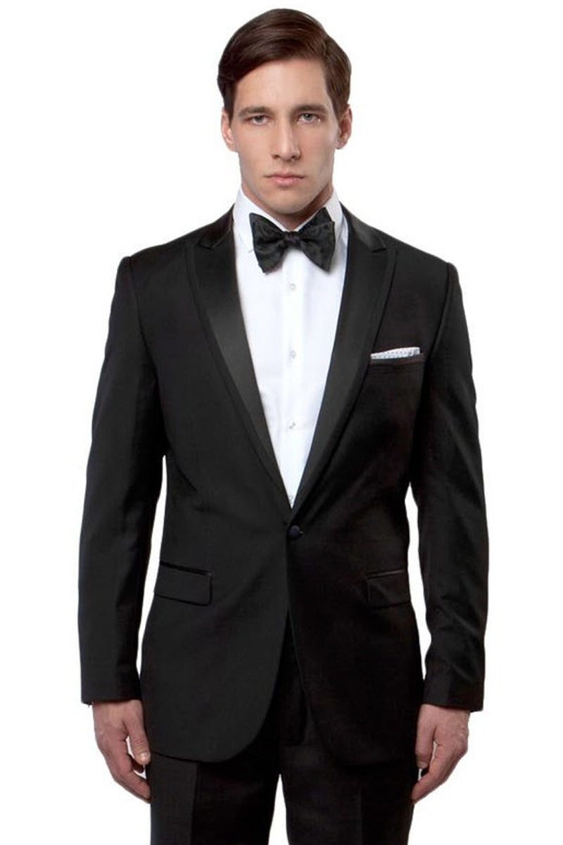 Black Men's Slim Fit Tuxedo with Satin Trim - One Button Peak Lapel for Prom & Wedding - 34 Short