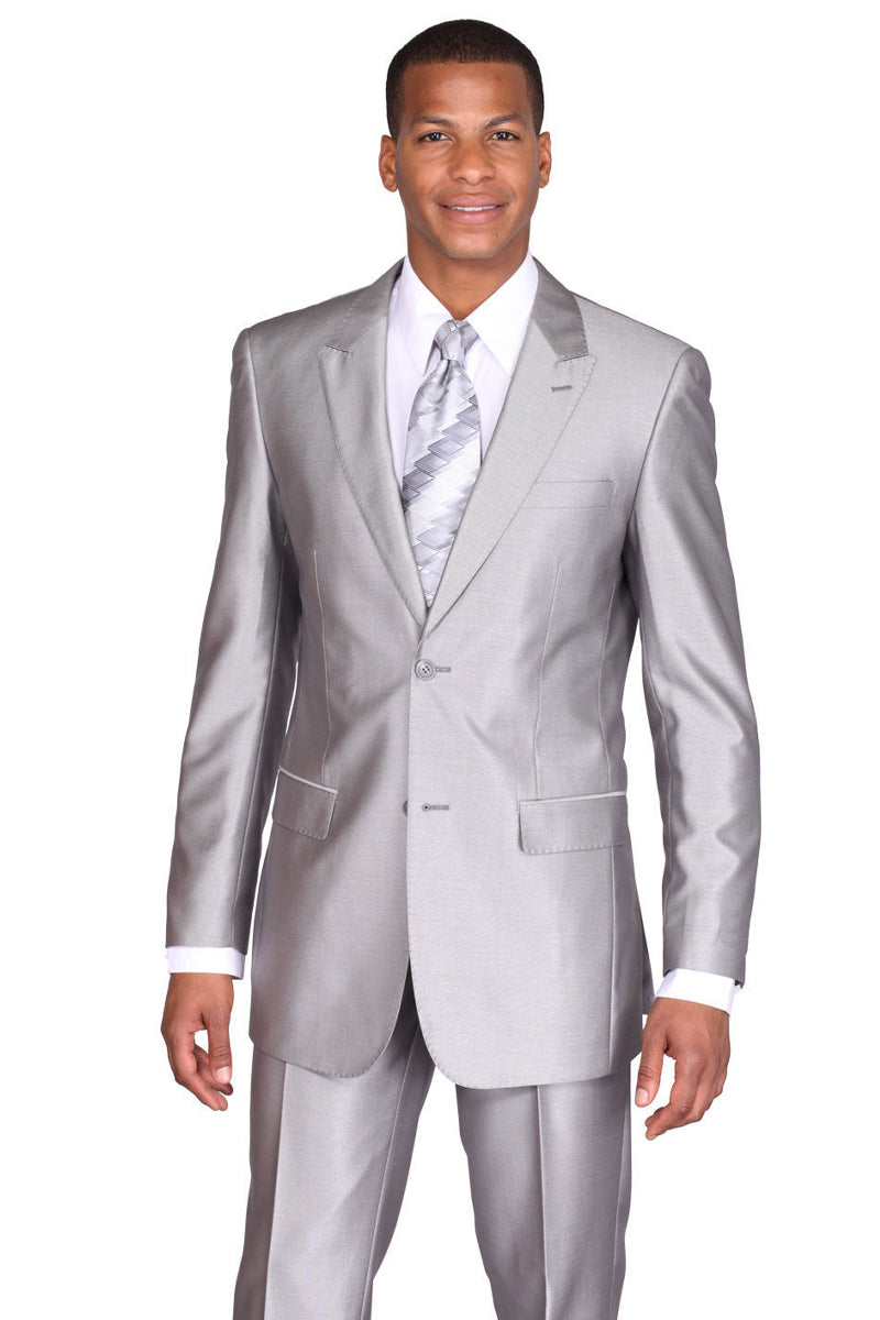"Sharkskin Slim Fit Men's Suit, 2-Button Peak Lapel in Silver Grey" - 38 Long