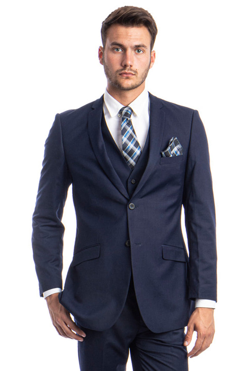 "Indigo Navy Men's Slim Fit Wedding Suit - Two Button Basic Vested" blue - 34 Short