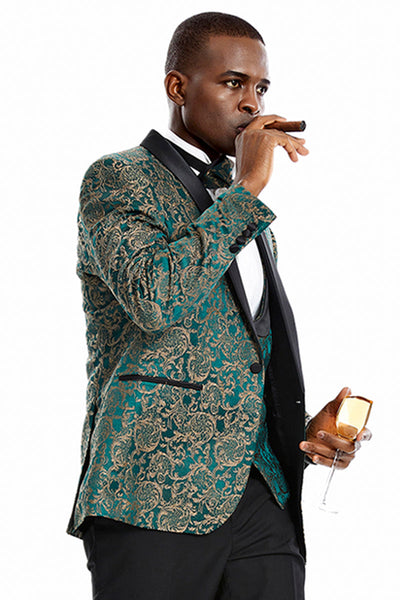 "Green & Gold Paisley Men's One Button Vested Shawl Tuxedo for Prom 2026 & Wedding"
