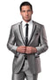 "Silver Sharkskin Men's Slim Fit Tuxedo Suit - Two Button with Black Piping"