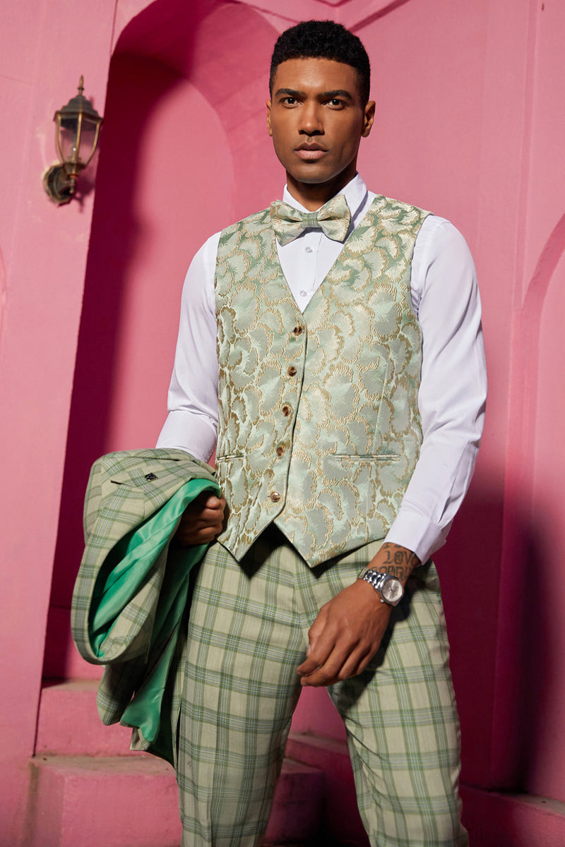 "Mens Stacy Adams Suit - Stacy Adams Men's Plaid Suit with Paisley Vest & Bow Tie - Sage Green" - 34 Short