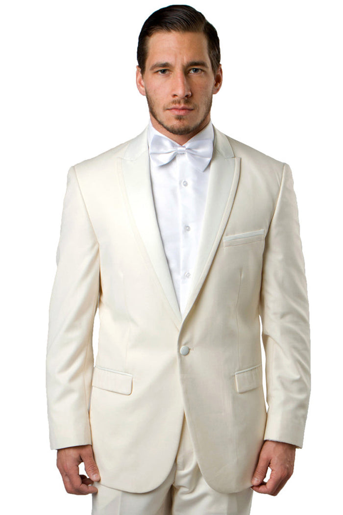 Ivory Men's Slim Fit Tuxedo - One Button, Satin Trim, Peak Lapel for Prom 2026 & Wedding