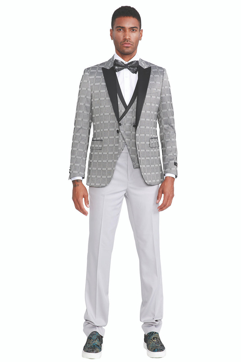 "Silver Grey Plaid Men's Tuxedo with Peak Lapel & Double Breasted Vest" - 34 Short