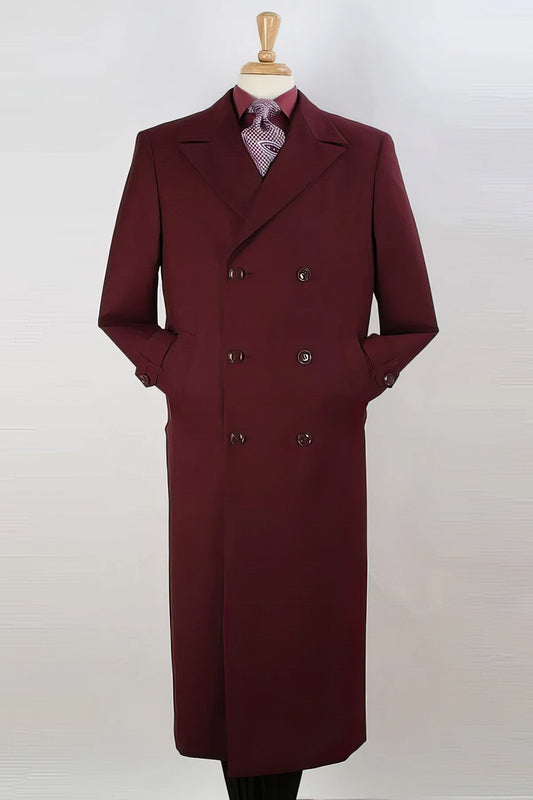 "Burgundy Men's Double Breasted Wool Gaberdine Overcoat"