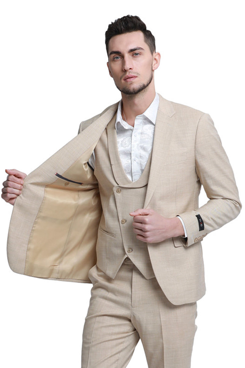"Sharkskin Wedding Suit: Men's Slim Fit Double Breasted Vest in Khaki"