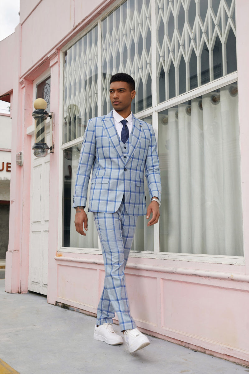 "Mens Stacy Adams Suit - Stacy Adams  Suit Men's Vested Peak Lapel Plaid Suit -  Blue Windowpane" - 42 Short